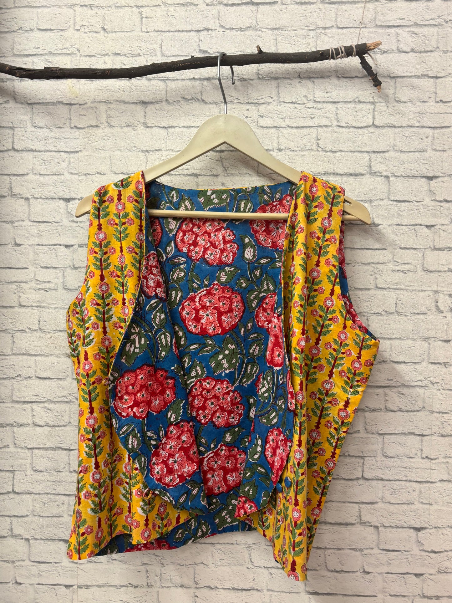 Yellow Blue Hand Block Printed Reversible Waistcoat