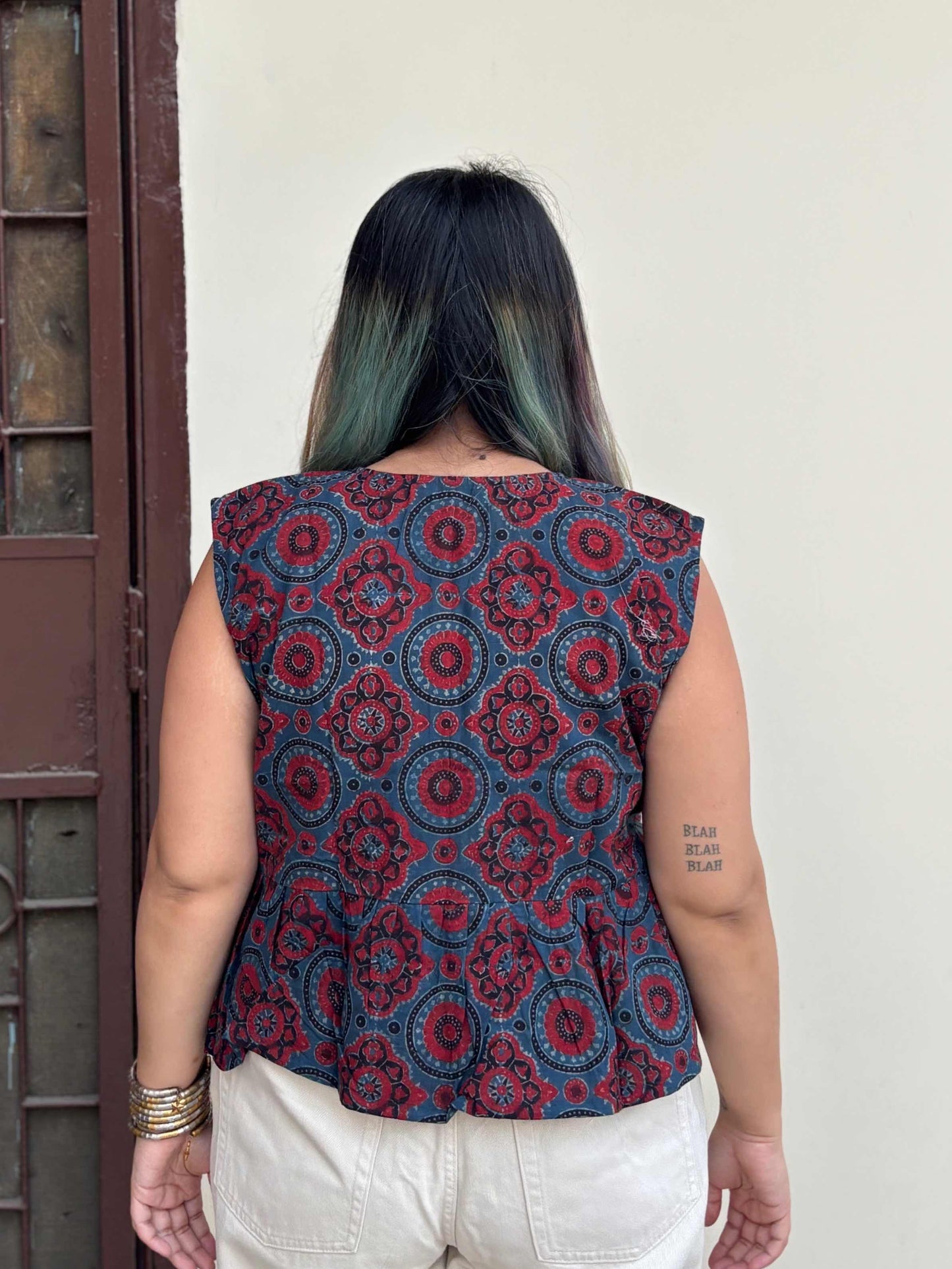 Indigo Red Ajrakh Hand Block Printed Front Tie Sleeveless Top