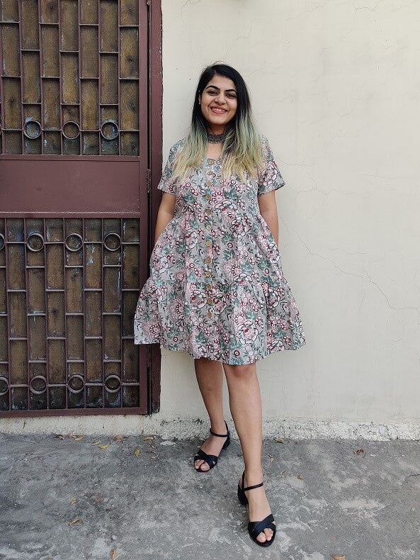 Camellia Hand Block Printed Knee Length Tiered Button Down Dress