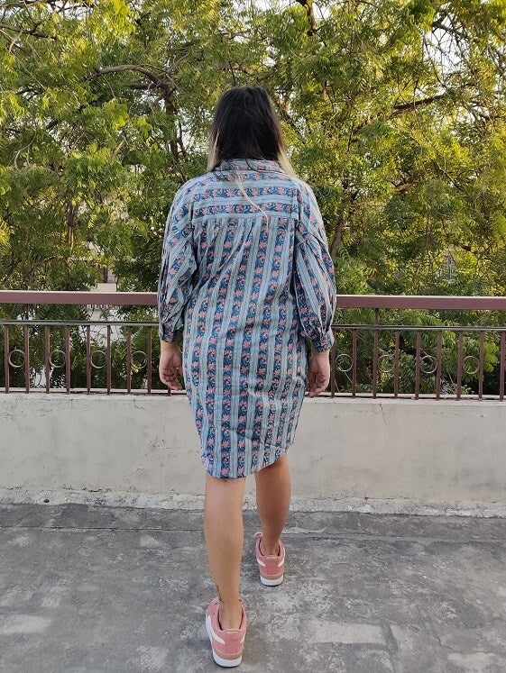 Teal Pink Hand Block Printed Comfort Fit Knee Length Shirt Dress with Side Belt