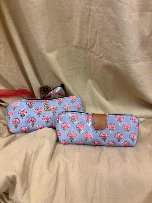 Grey Pink Hand Block Printed Eyewear Case