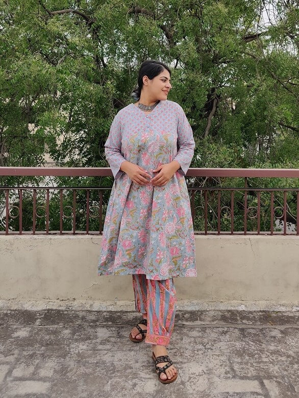Meadowsweet Hand Block Printed Cotton Kurta Set with Afghani Pants
