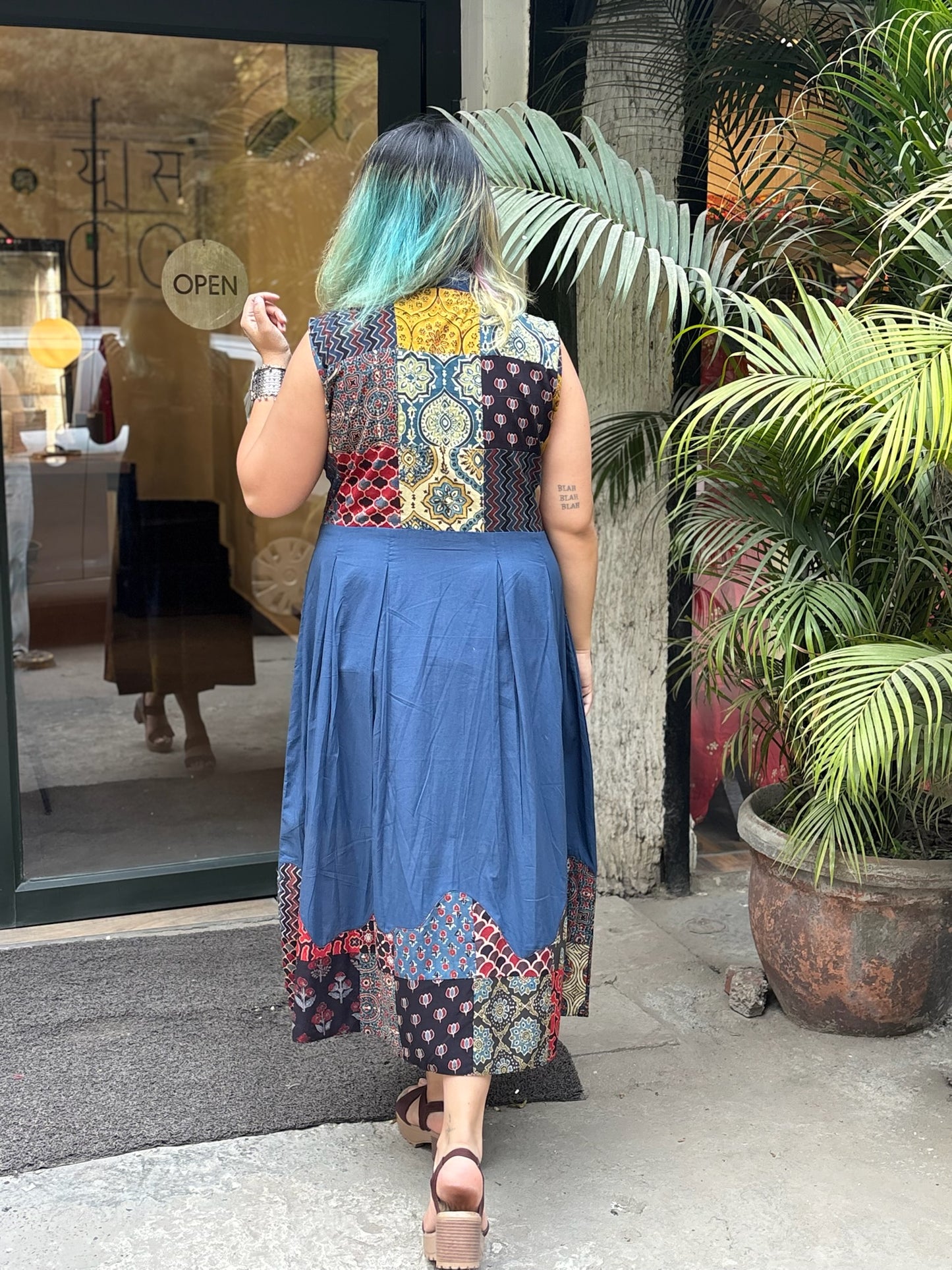 Ajrakh Patchwork and Indigo Sleeveless Midi Dress