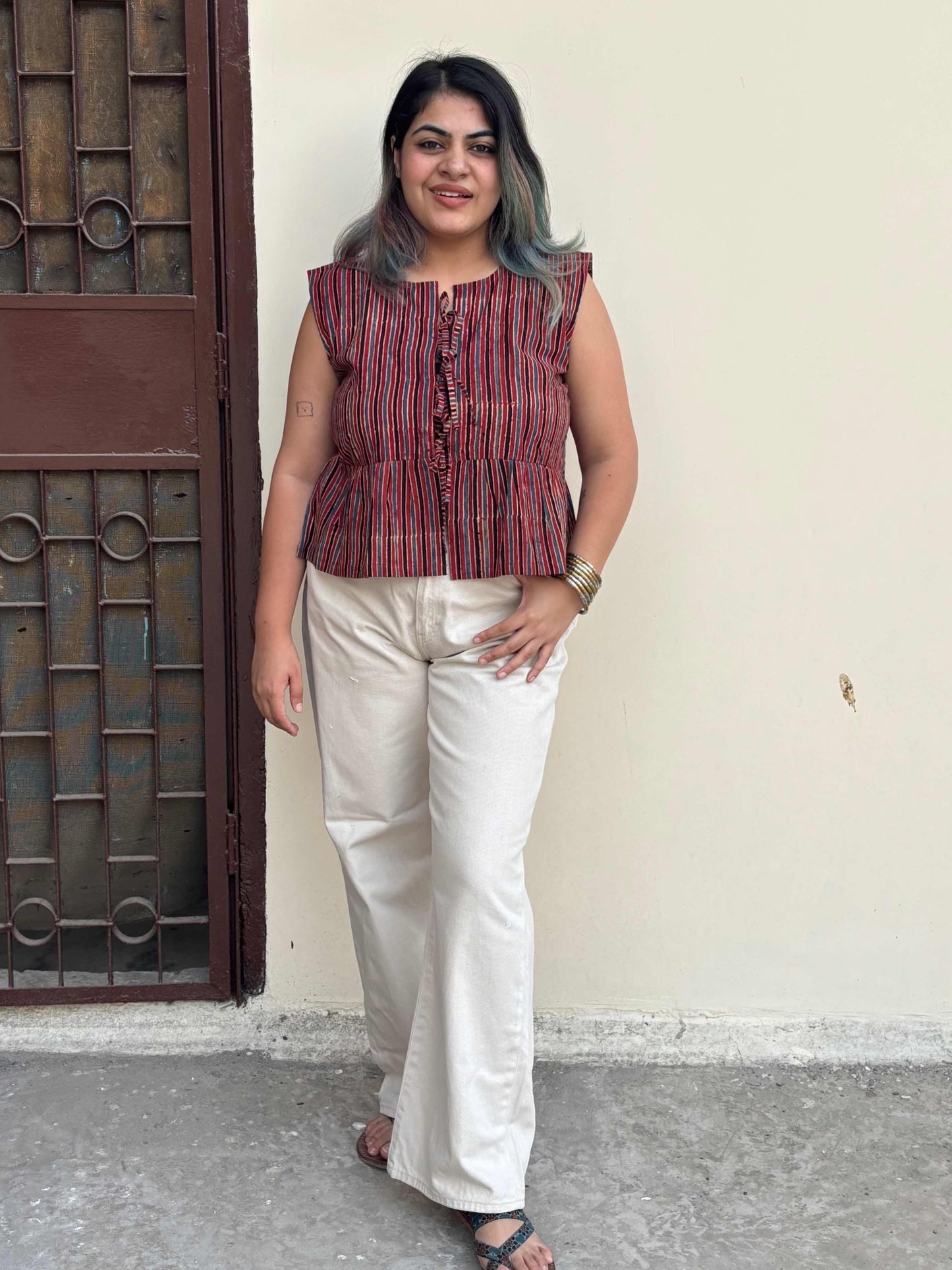 Red Stripes Ajrakh Hand Block Printed Front Tie Sleeveless Top