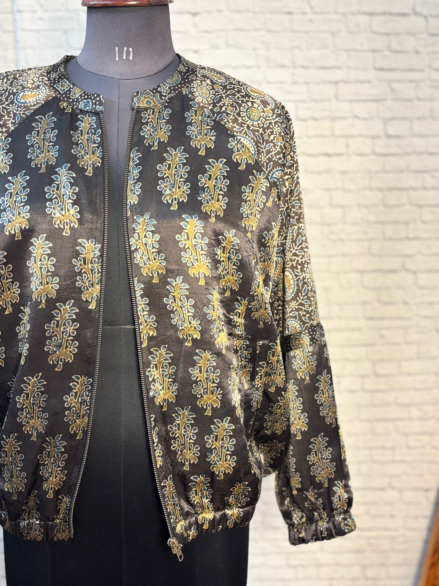 Black Olive Green Mashru Silk Ajrakh Unisex Bomber Jacket