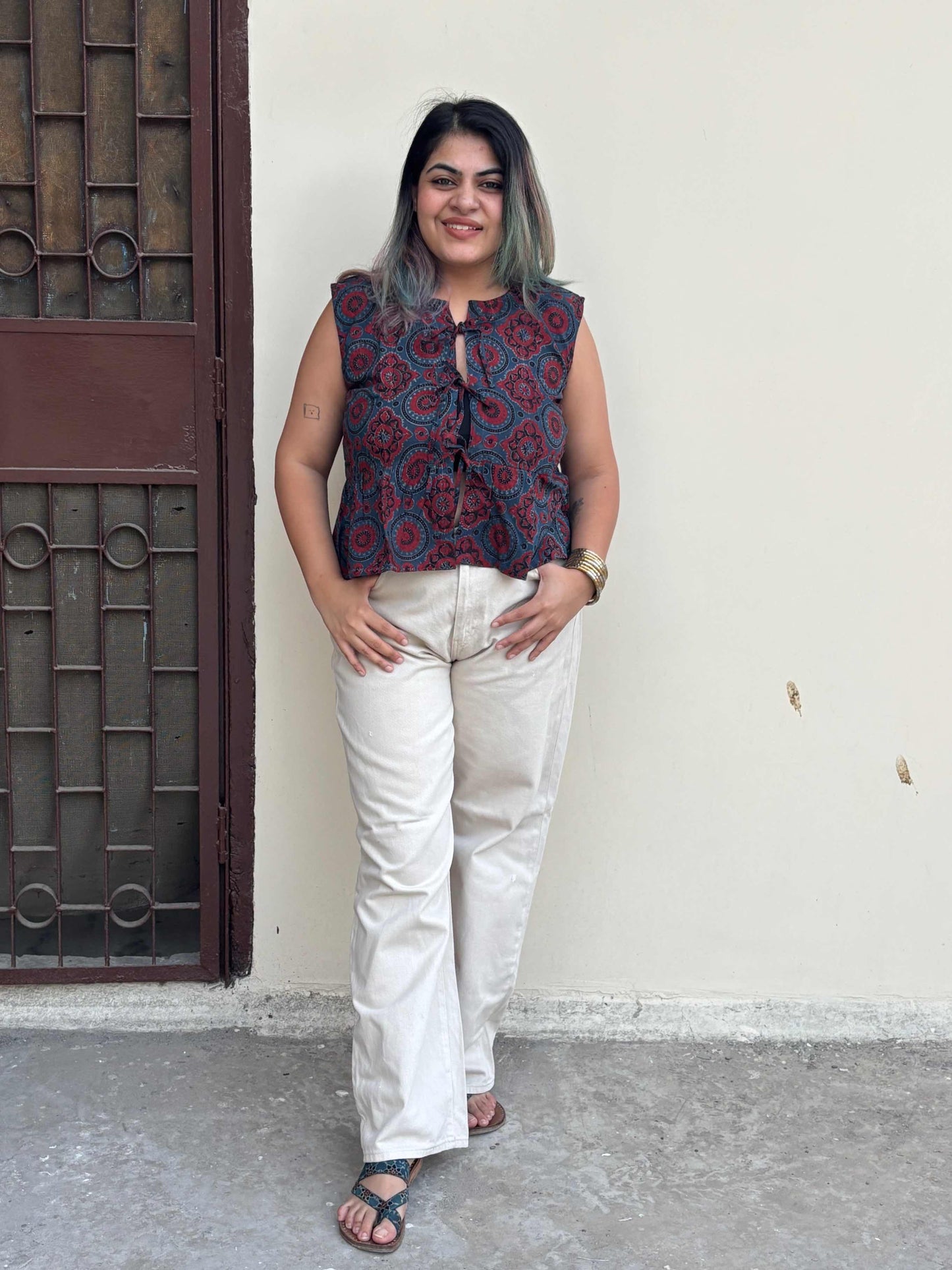 Indigo Red Ajrakh Hand Block Printed Front Tie Sleeveless Top