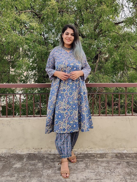Aahna Hand Block Printed Cotton Kurta Set with Afghani Pants