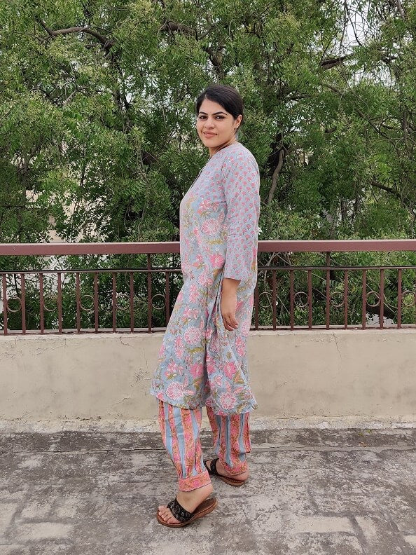 Meadowsweet Hand Block Printed Cotton Kurta Set with Afghani Pants