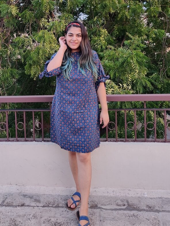 Zinnia Indigo Ajrakh Shift Dress with Knot Sleeves