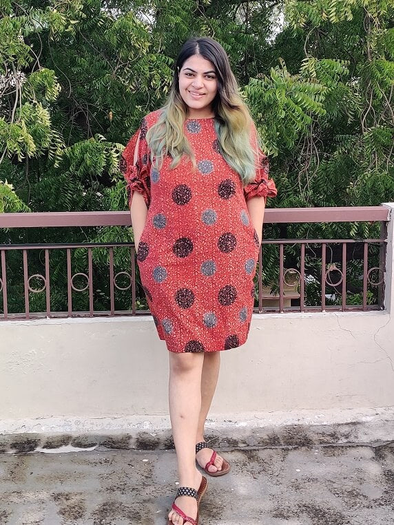 Chilli Ajrakh Shift Dress with Knot Sleeves