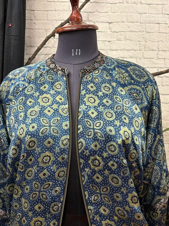 Indigo Green Ajrakh Mashru Silk Unisex Bomber Jacket