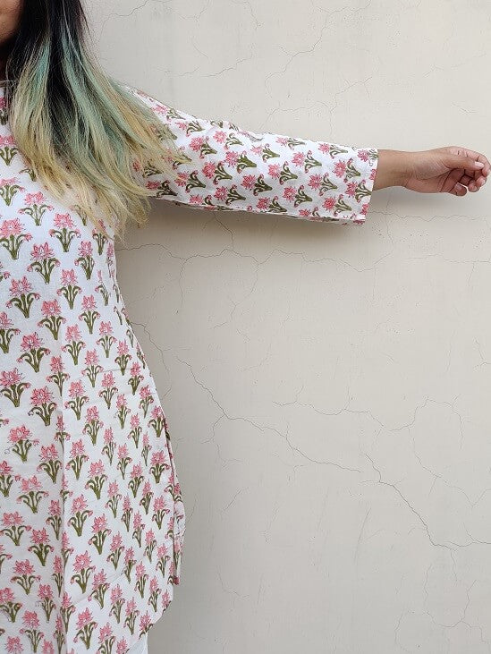 White Pink Hand Block Printed Short Kurti