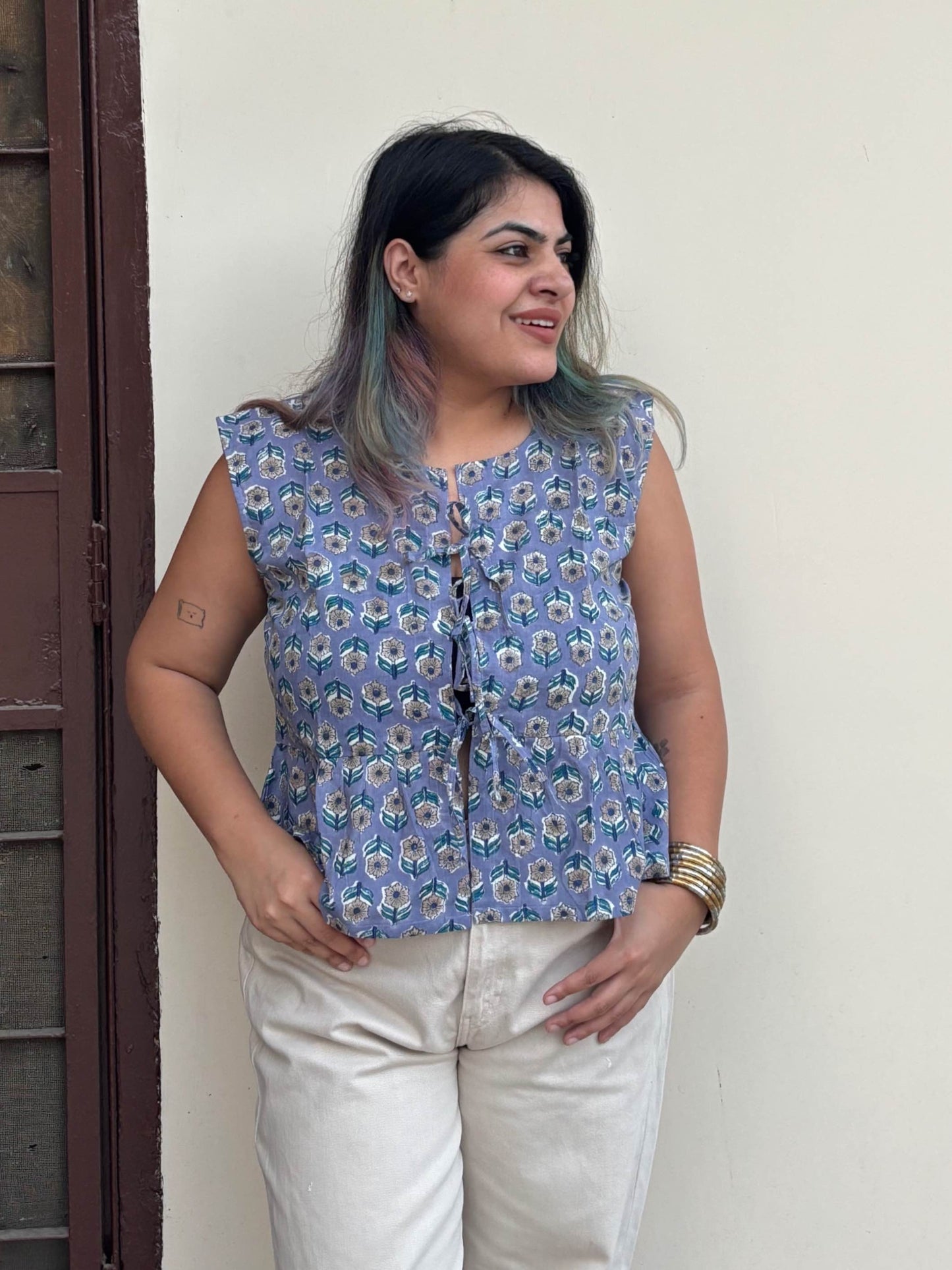 Purple Brown Hand Block Printed Front Tie Sleeveless Top