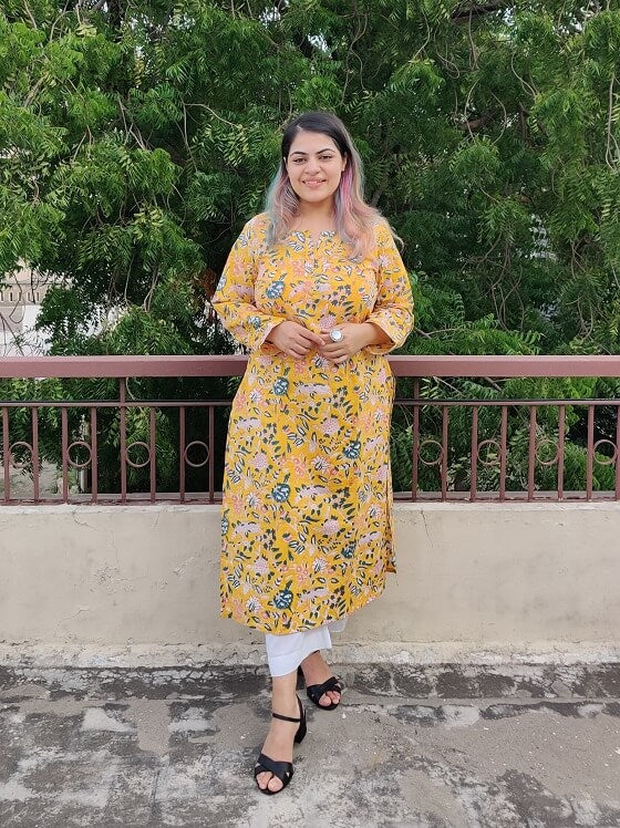 Yellow Floral Hand Block Printed Cotton Long Kurta