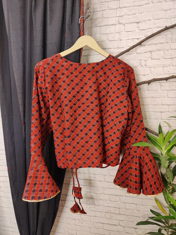 Red Fishscale Ajrakh Hand Block Printed Angrakha Short Top