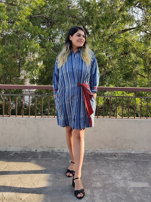 Indigo White Hand Block Printed Comfort Fit Knee Length Shirt Dress with Side Belt