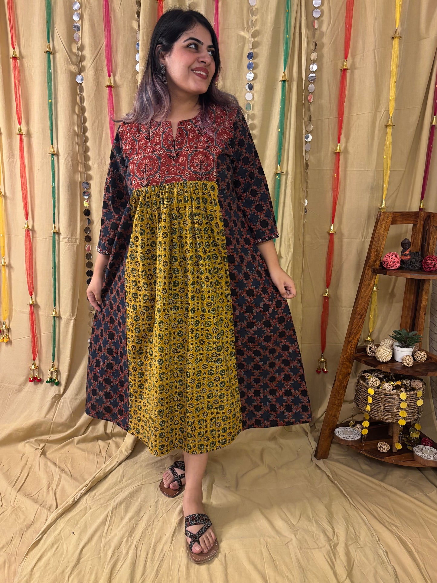 Saher Ajrakh Midi Dress with Hand Embroidery Detailing