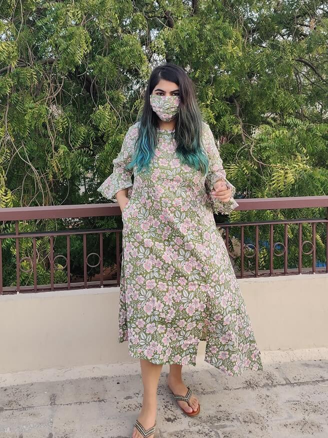 Green Floral Hand Block Printed Side Slit Dress with Pocket