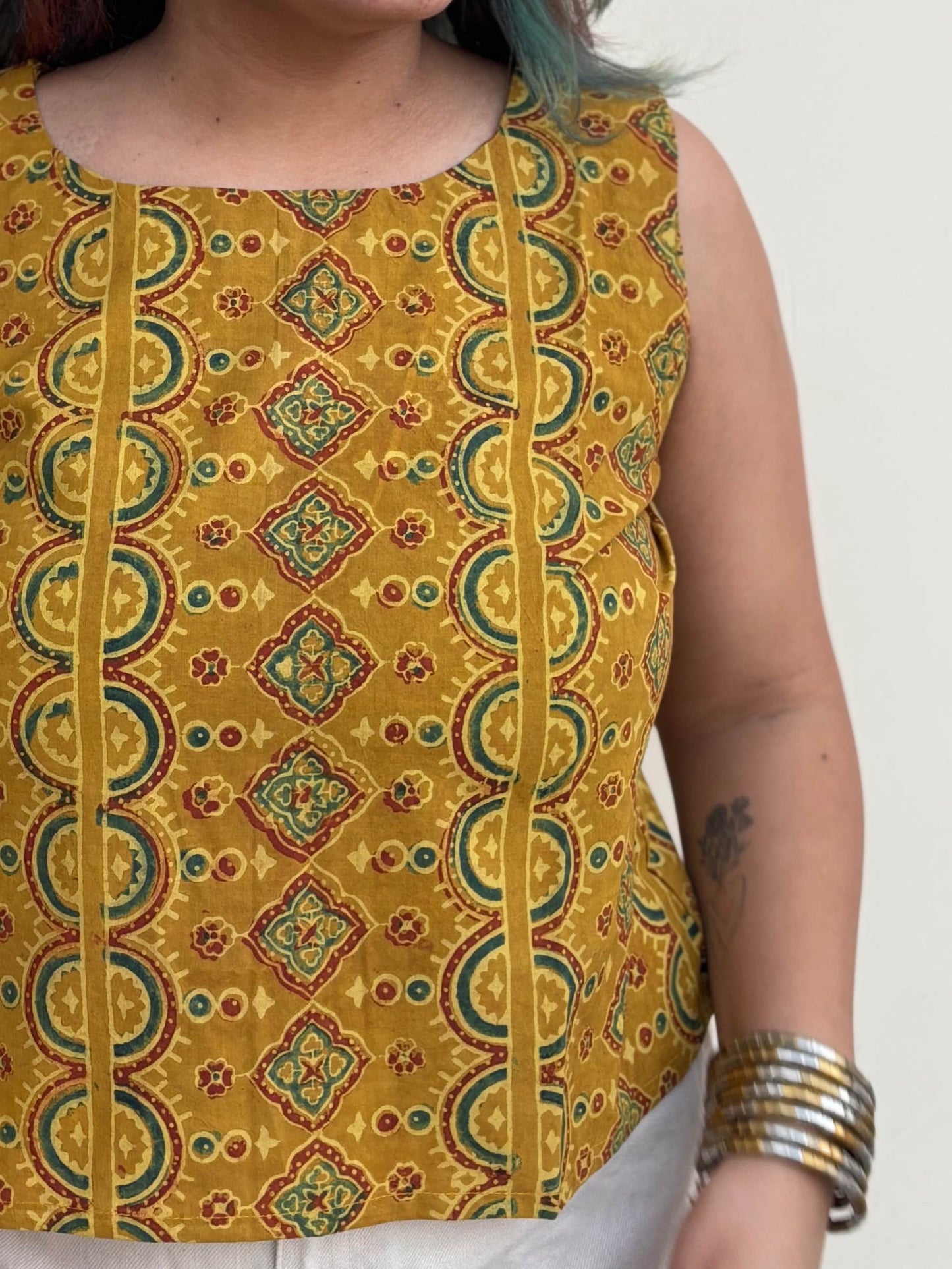 Yellow Ajrakh Hand Block Printed Sleeveless Crop Top