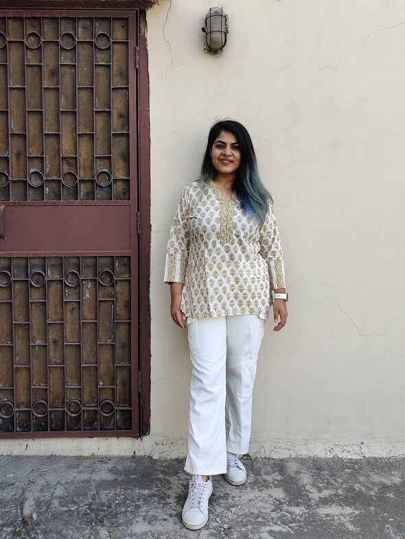 White Floral Hand Block Printed Short Kurti