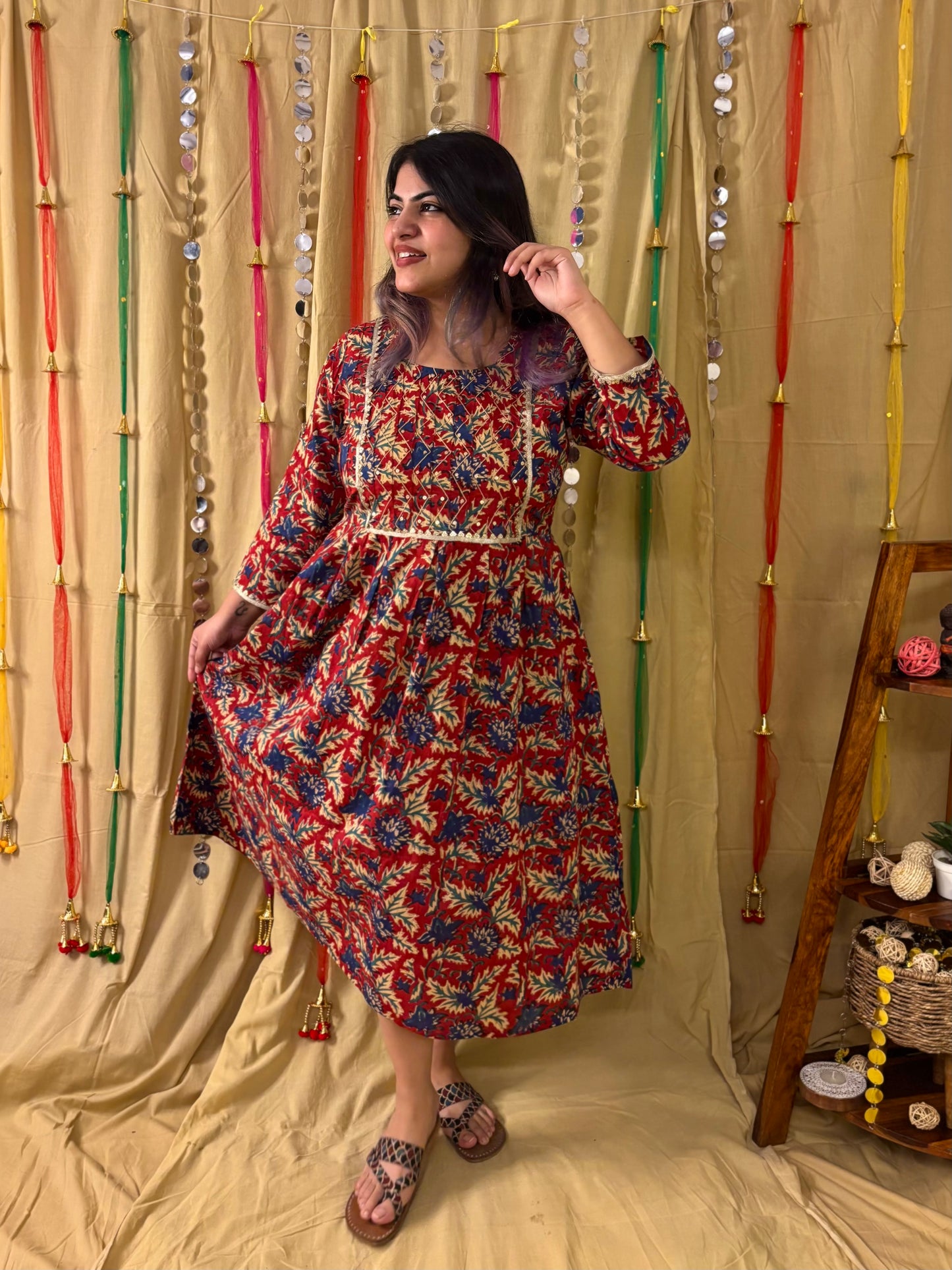 Zareen Hand Block Printed Midi Dress with Embroidered Neckline & Gota Detailing