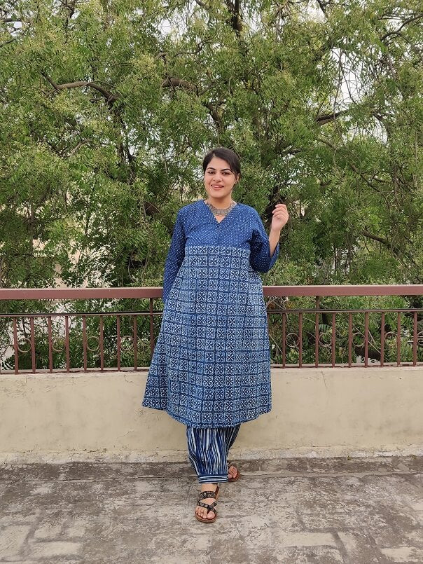 Saagarika Hand Block Printed Cotton Kurta Set with Afghani Pants