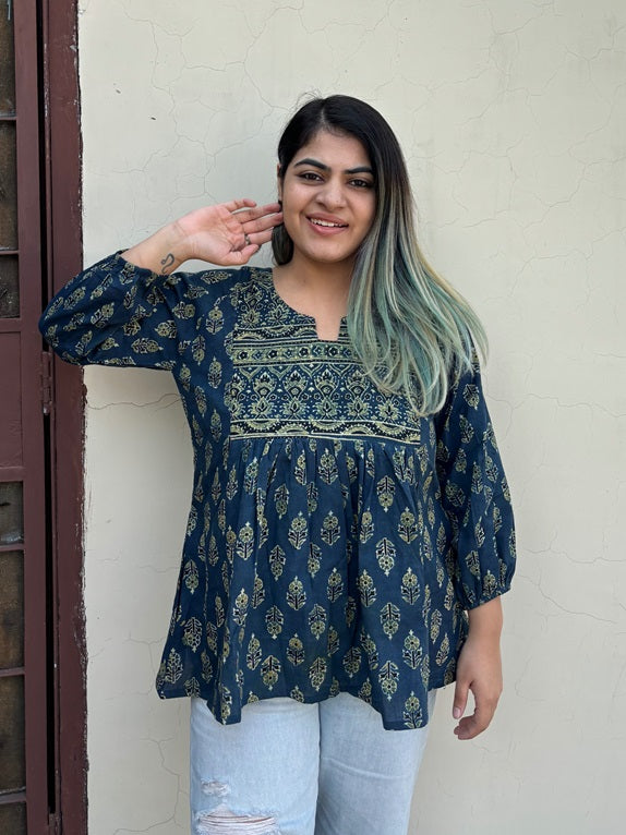 Indigo Green Ajrakh Boho Top with Back Drawstring