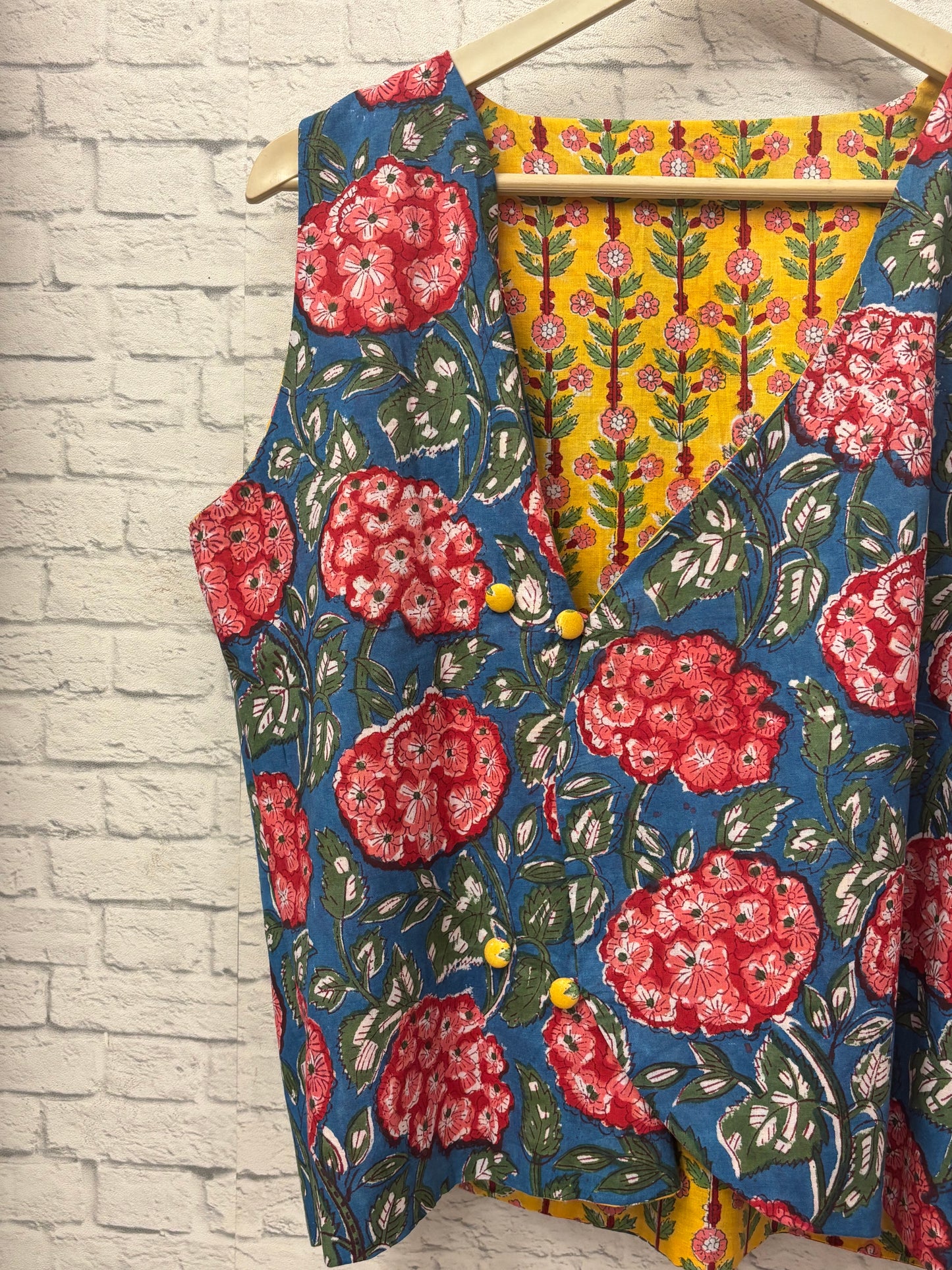 Yellow Blue Hand Block Printed Reversible Waistcoat