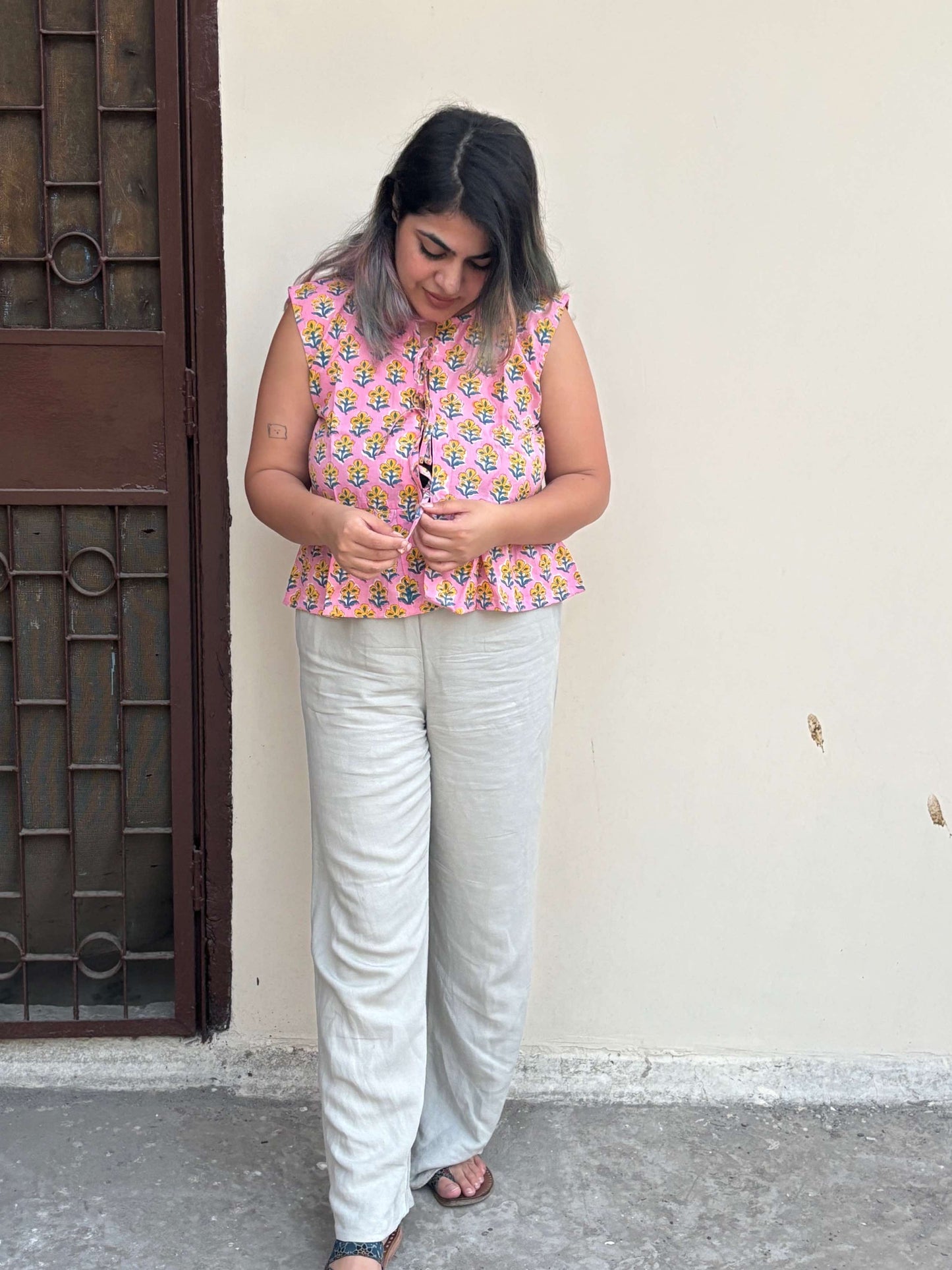 Pink Yellow Hand Block Printed Front Tie Sleeveless Top