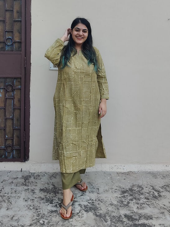 Olive Green Lines Handblock Printed Cotton Long Kurta