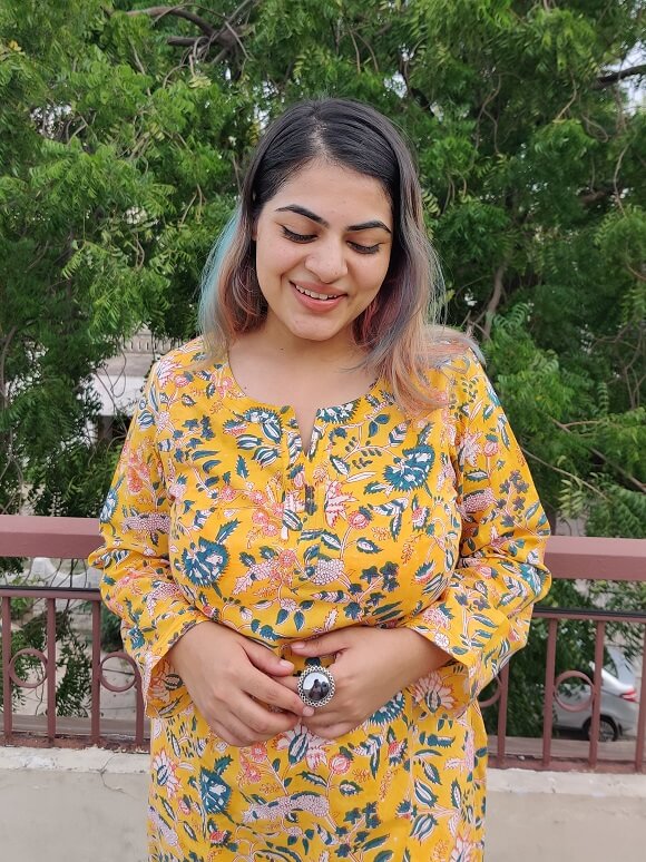 Yellow Floral Hand Block Printed Cotton Long Kurta