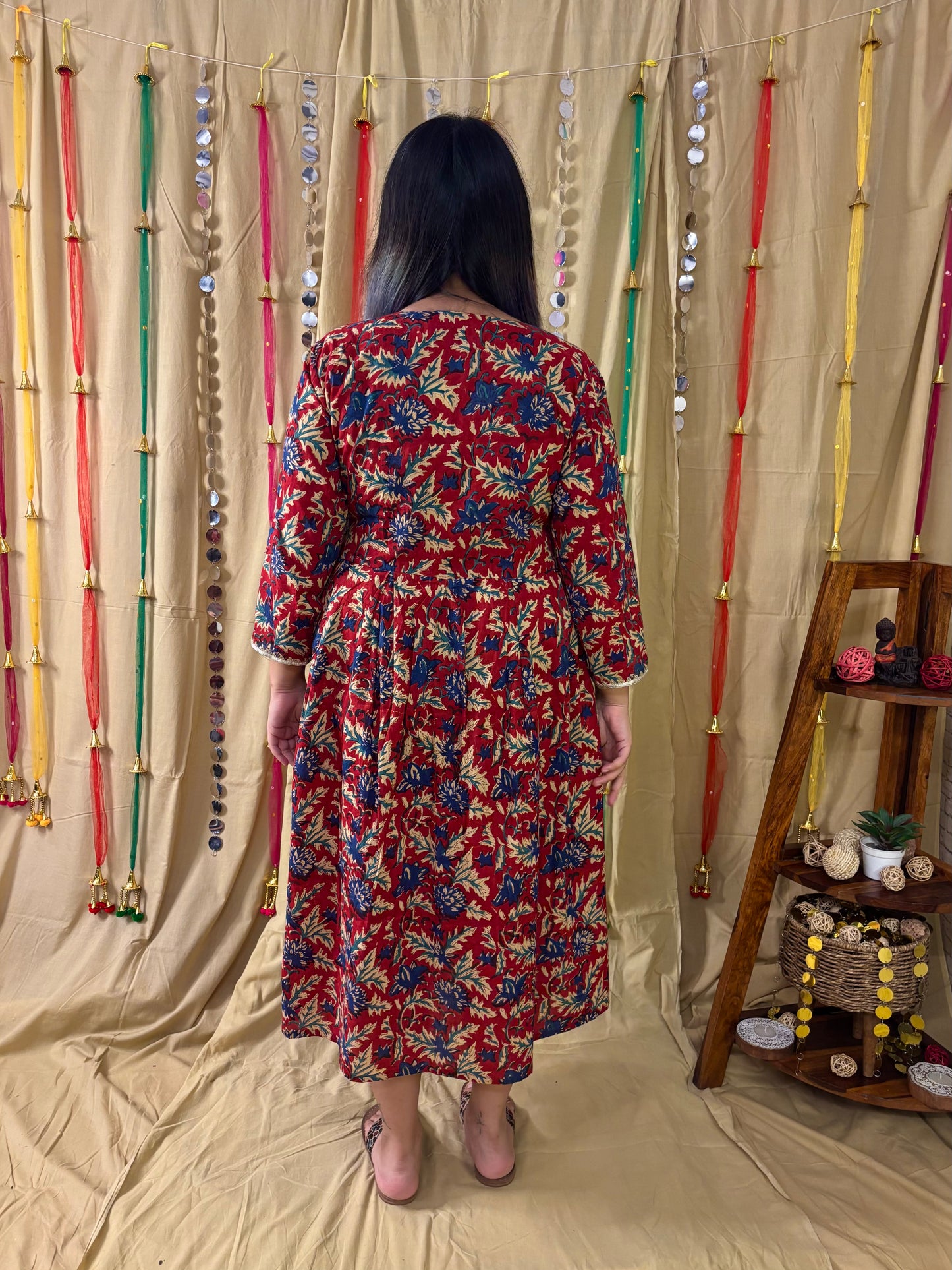 Zareen Hand Block Printed Midi Dress with Embroidered Neckline & Gota Detailing