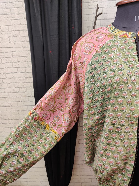 Green Pink Hand Block Printed Unisex Bomber Jacket