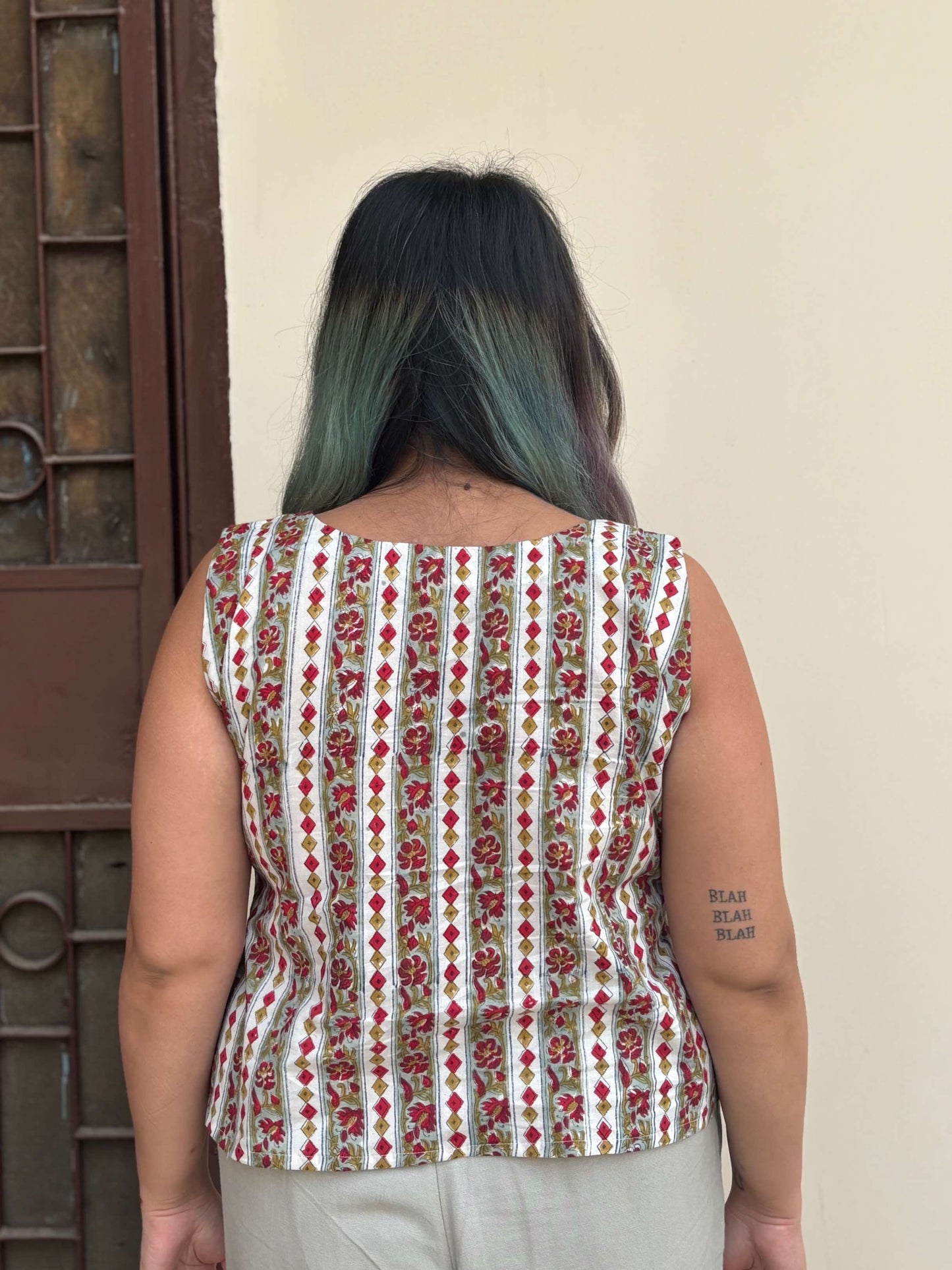 Green Red Hand Block Printed Sleeveless Crop Top