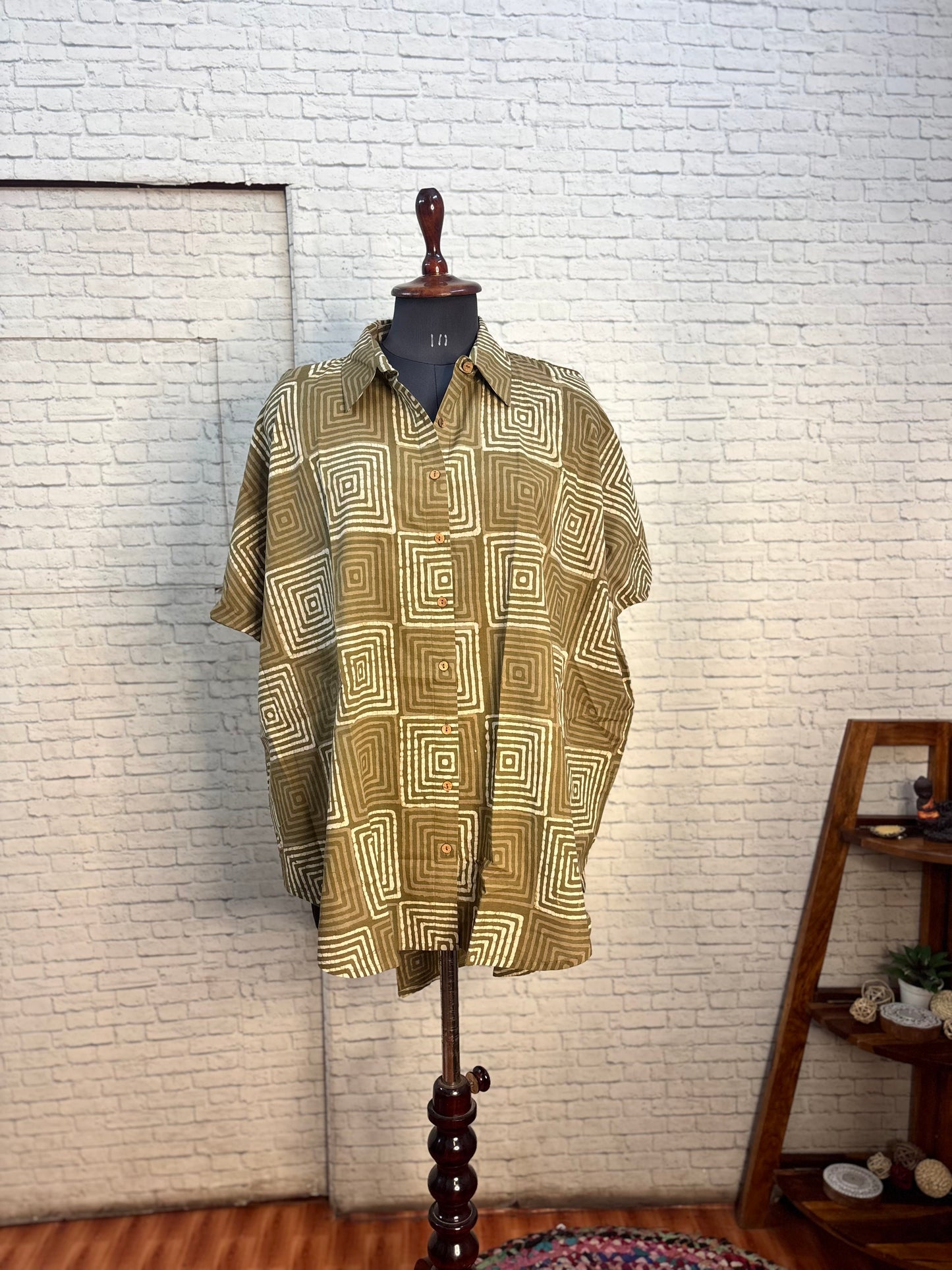 Olive Maze Cotton High Low Shirt Kaftan