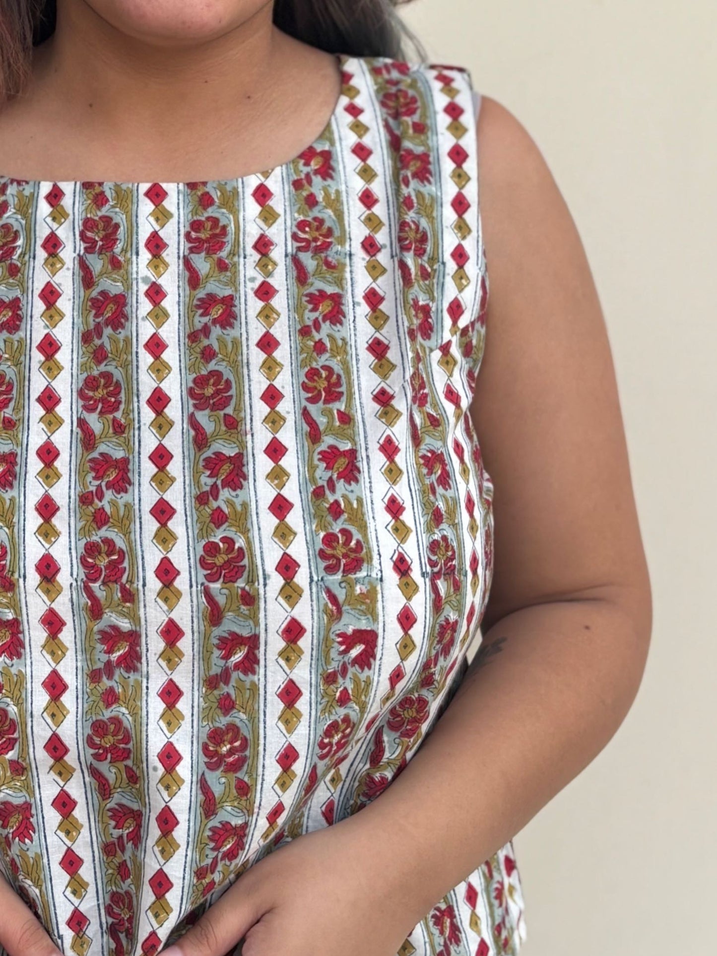 Green Red Hand Block Printed Sleeveless Crop Top
