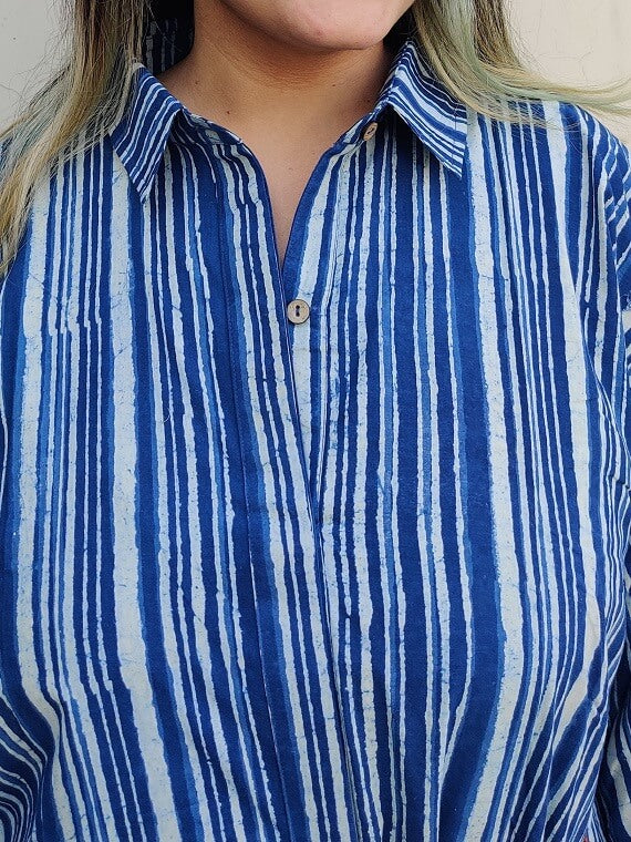 Indigo White Hand Block Printed Comfort Fit Knee Length Shirt Dress with Side Belt