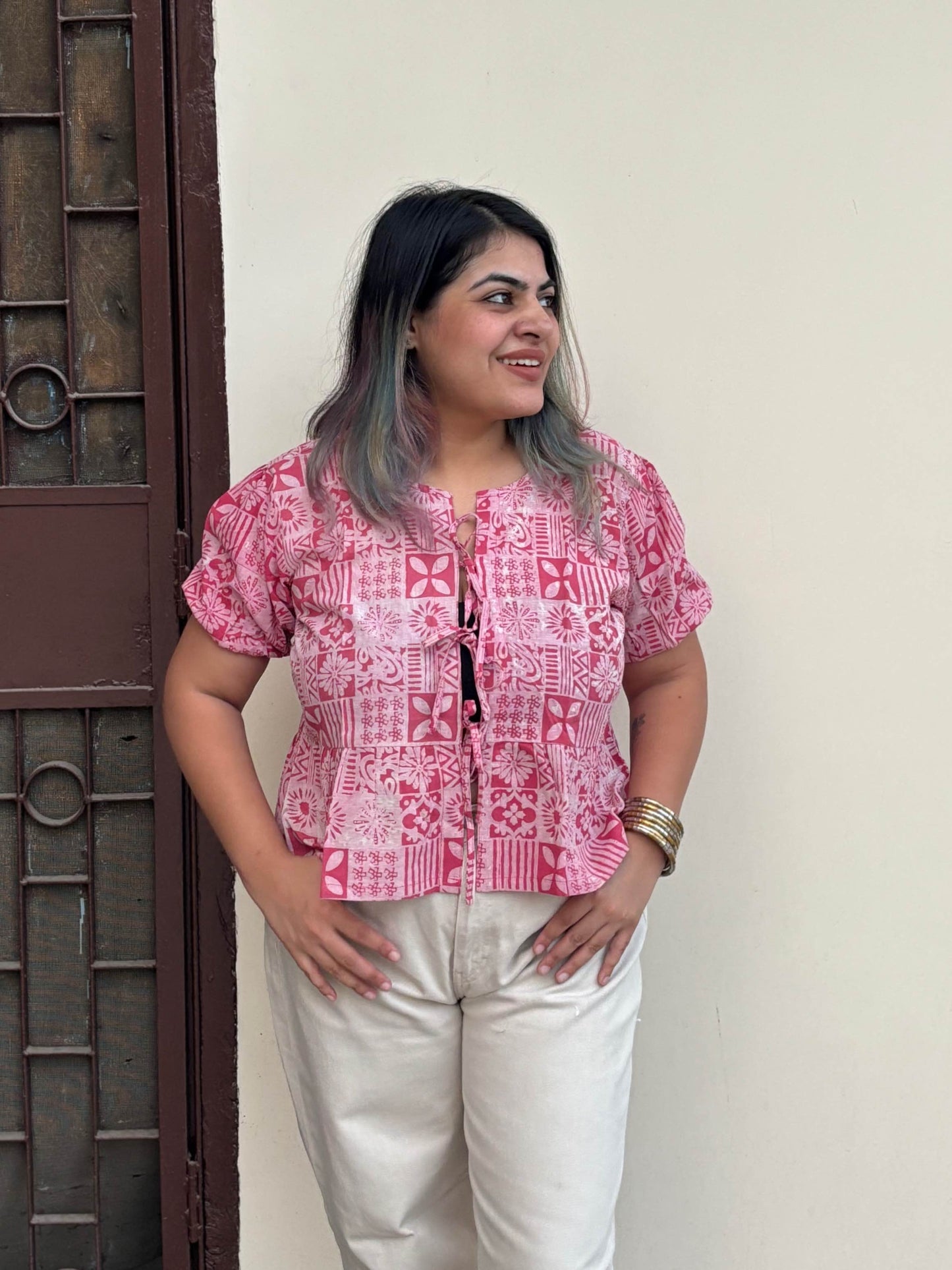 Pink Tiles Hand Block Printed Front Tie Top with Sleeves