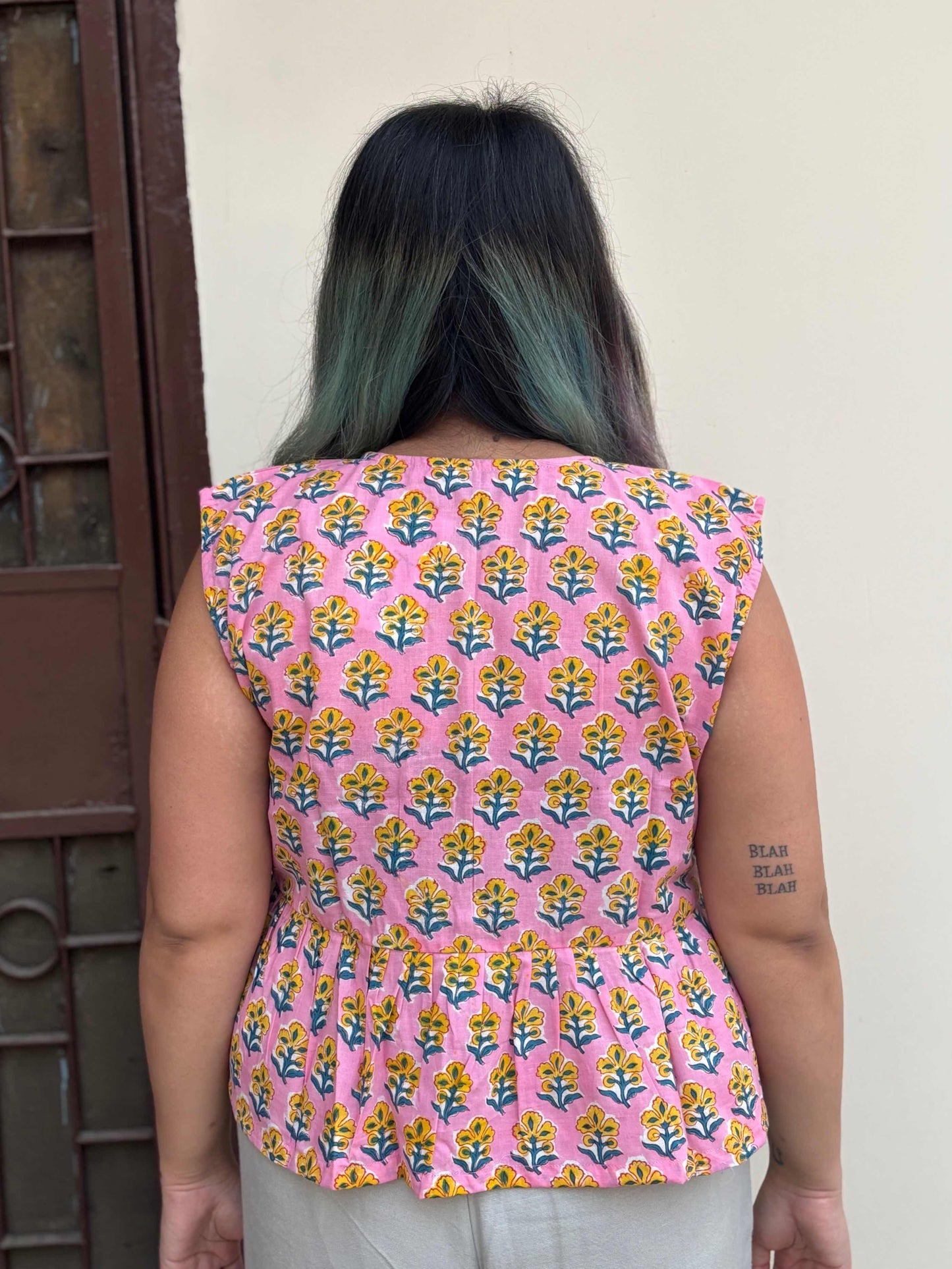 Pink Yellow Hand Block Printed Front Tie Sleeveless Top