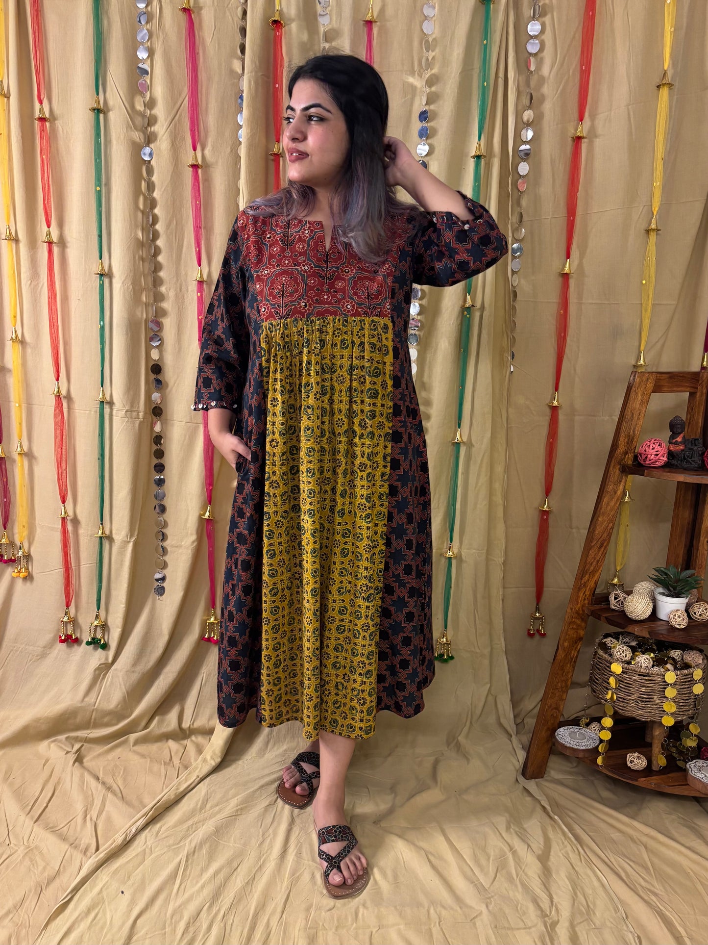 Saher Ajrakh Midi Dress with Hand Embroidery Detailing