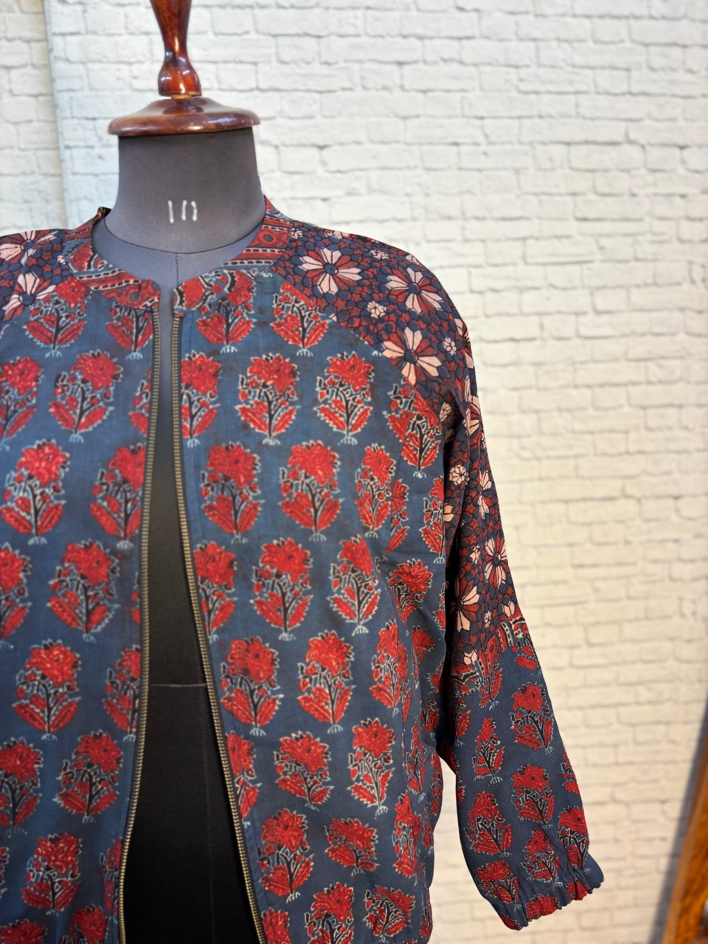 Indigo Red Ajrakh Hand Block Printed Unisex Bomber Jacket