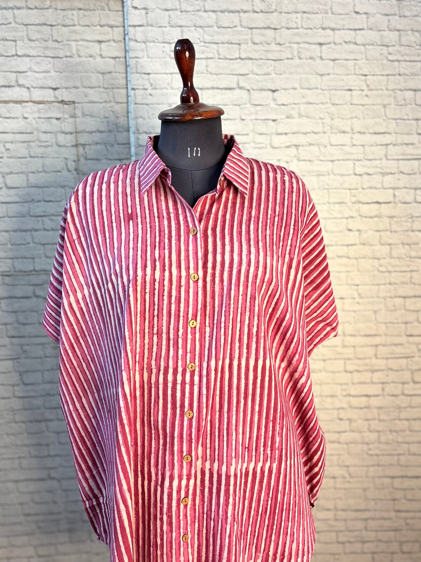 Pink Dabu Stripes Cotton High Low Shirt Kaftan