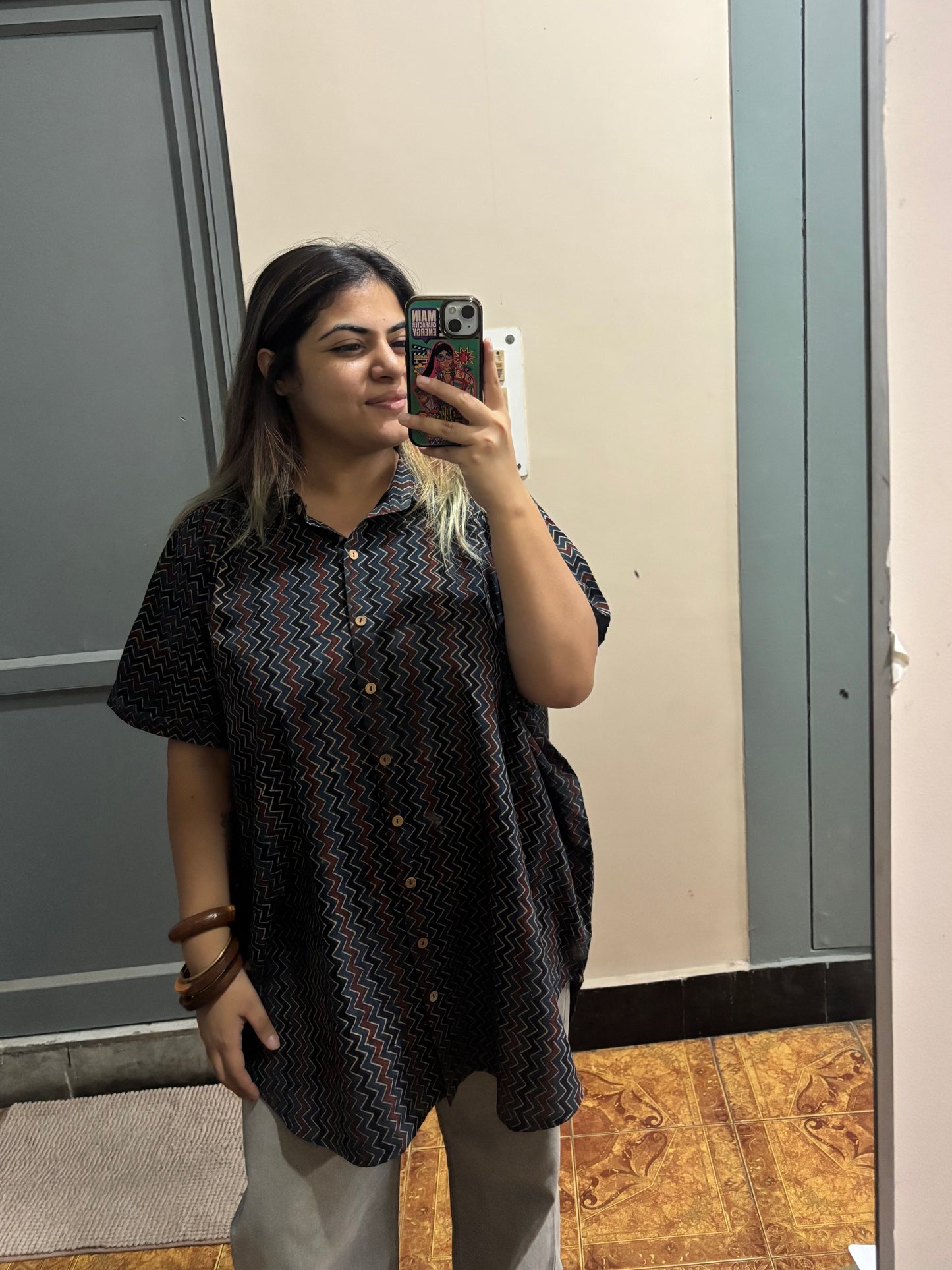 Indigo Zig Zag Ajrakh High Low Shirt Kaftan