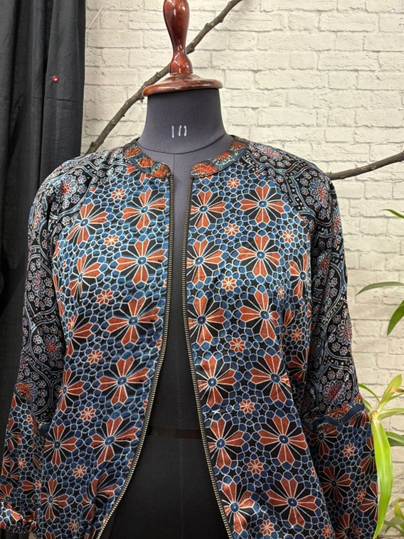 Indigo Black Ajrakh Mashru Silk Unisex Bomber Jacket