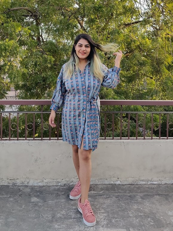Teal Pink Hand Block Printed Comfort Fit Knee Length Shirt Dress with Side Belt