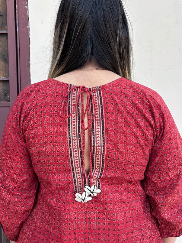 Red Ajrakh Boho Top with Back Drawstring
