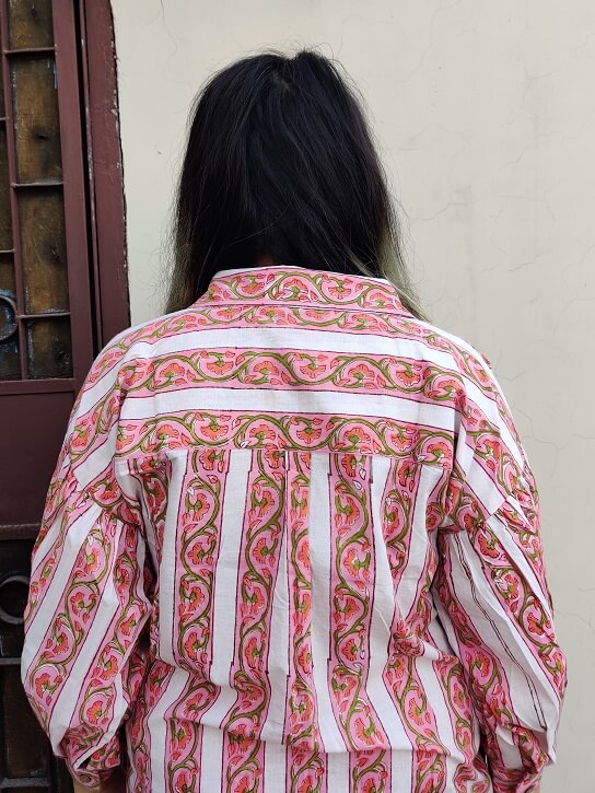 Cherry Hand Block Printed Comfort Fit Knee Length Shirt Dress with Side Belt