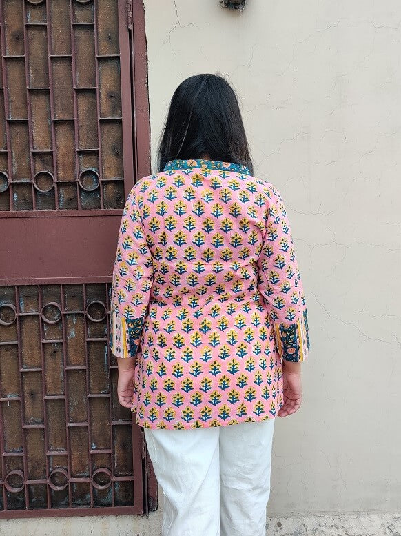 Pink Yellow Floral Hand Block Printed Short Kurti