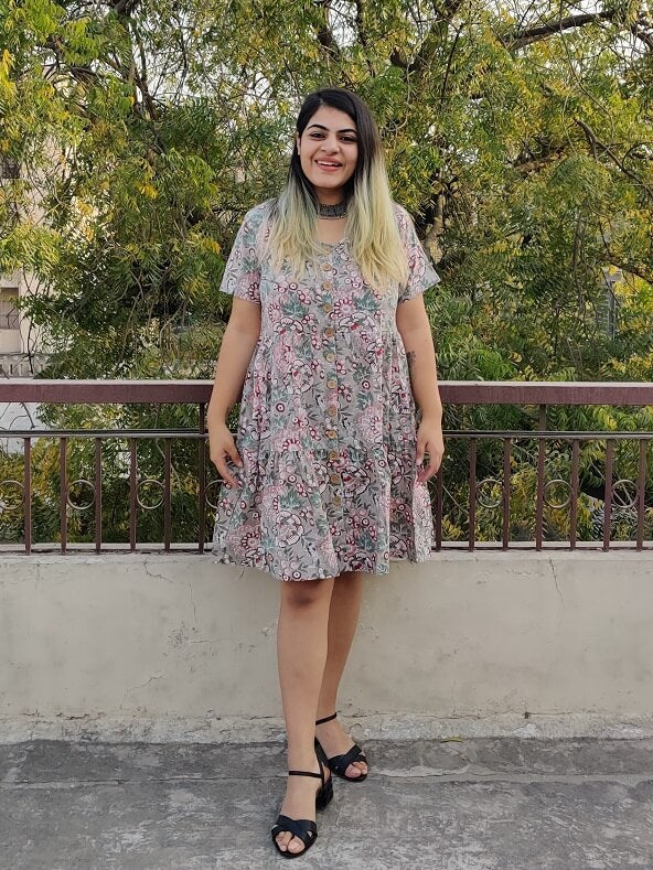 Camellia Hand Block Printed Knee Length Tiered Button Down Dress
