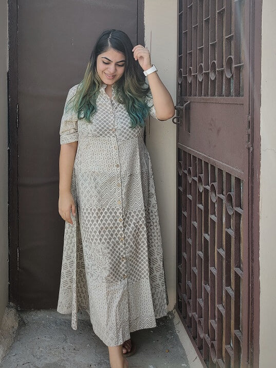 Dharani Hand Block Printed A Line Maxi Shirt Dress